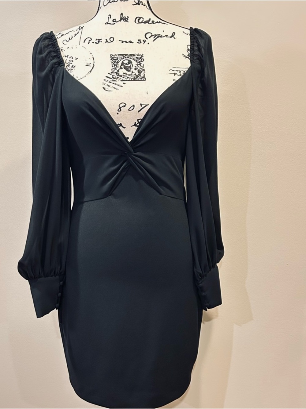 Belle Badgley Mischka Deep Twist Neck Sheer Ballon Sleeve Dress